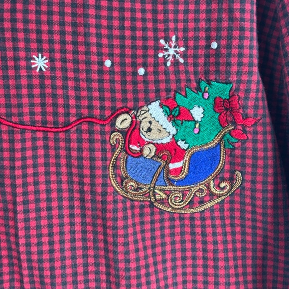 Vintage 90s Christmas Plaid Embroidered Shirt L Velvet Collar Santa Bear Holiday - Picture 3 of 10